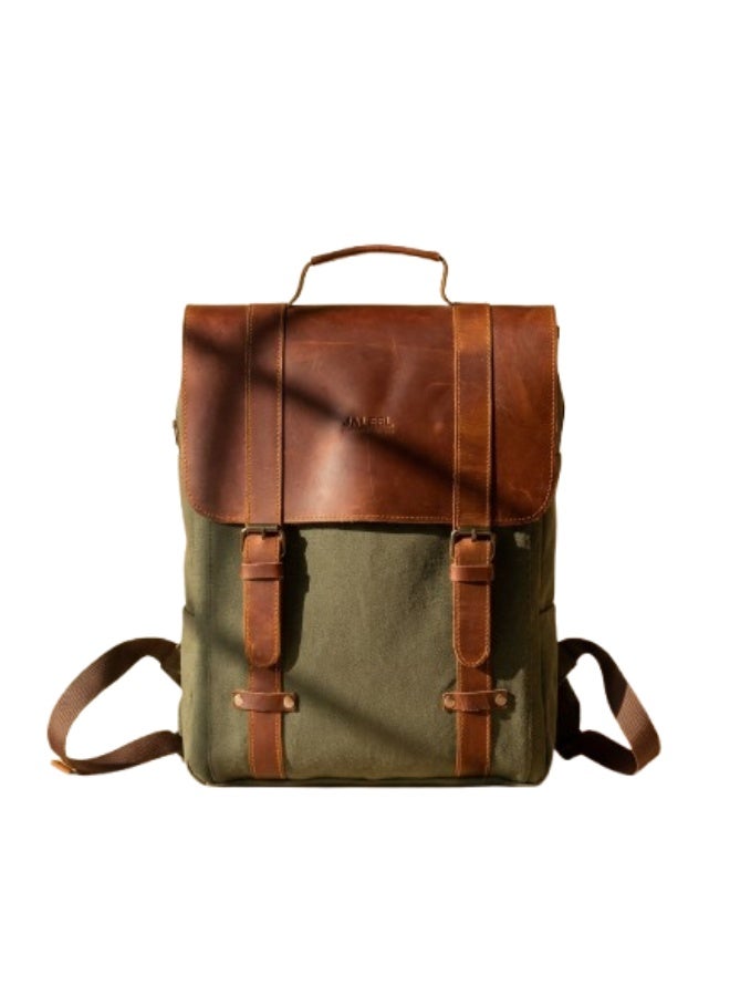 JALEEL Regent City Backpack, Army Green Canvas and Genuine Leather Laptop Bag with Padded Sleeve, Organized Compartments for Work and University - Image 5